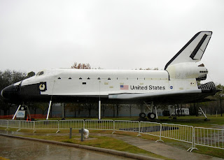 A spaceship at the entrance of the Houston Space Center.