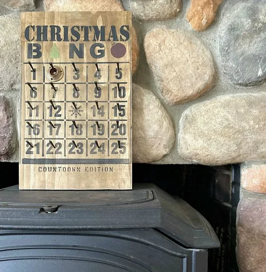 Bingo calendar by fireplace