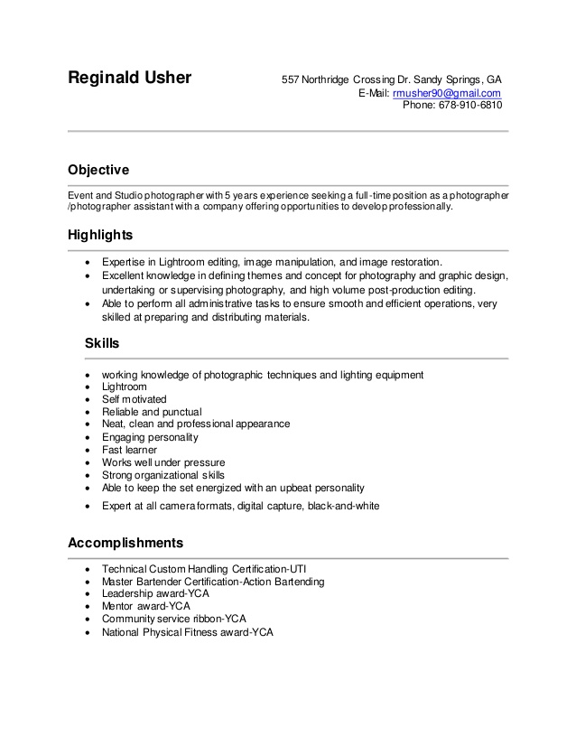 Photography Resume Objective Resume Letter
