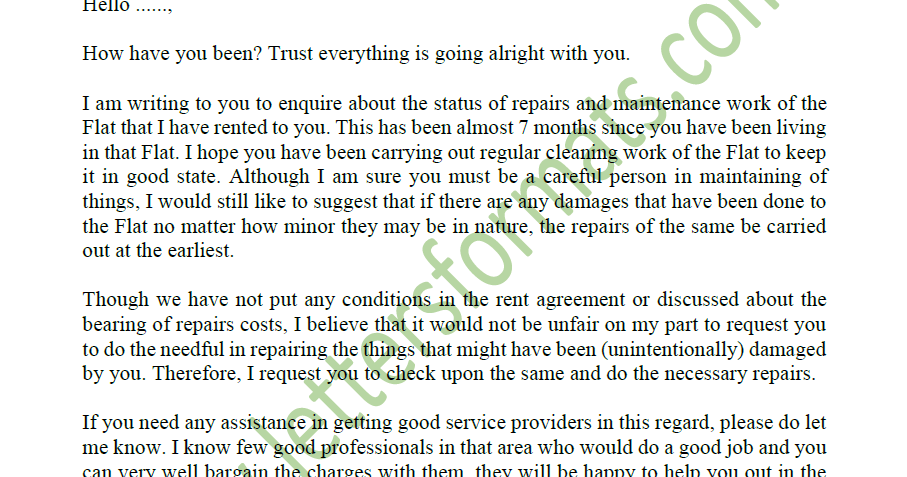 Landlord Letter to Tenant on Cleaning, Repairs & Maintenance