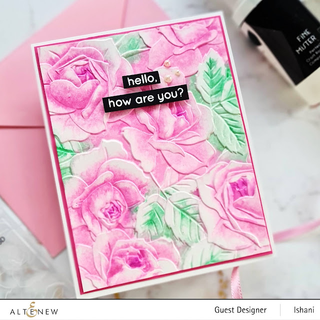 Embossing folder card, Craft your life Project kit - Garden rose, Altenew Garden rose, Rose card, Watercolring with embossing folders, Altenew Fine mister, Altenew cherry blossom crisp dye inks, Quillish, Ishani