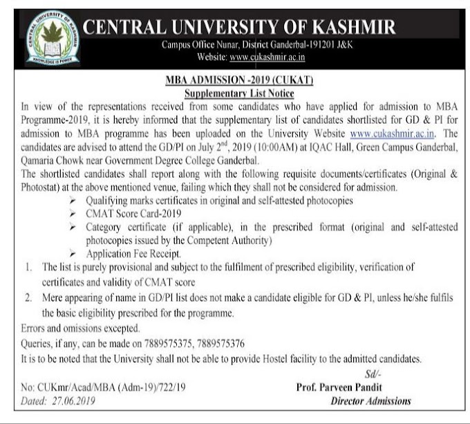 Central University of Kashmir notification regarding MBA admission(CUKAT) 2019