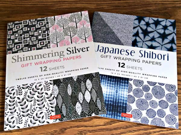 shimmering silver and Japanese shibori wrapping paper collections in book format