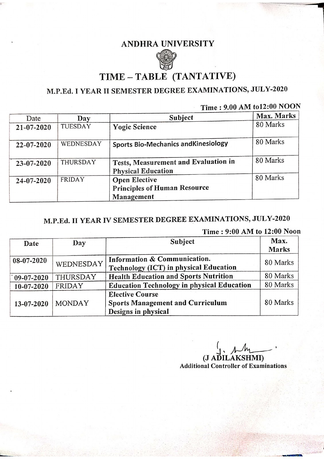 andhra university mped 2nd & 4th sem july 2020 exam time table