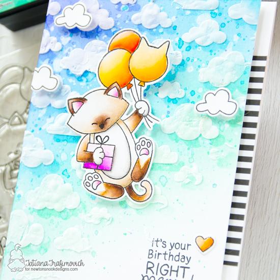 It's Your Birthday Right Meow ! Cat Birthday Card by Tatiana Trafimovich | Newton's Birthday Balloons Stamp Set and Cloudy Sky Stencil by Newton's Nook Designs #newtonsnook #handmade