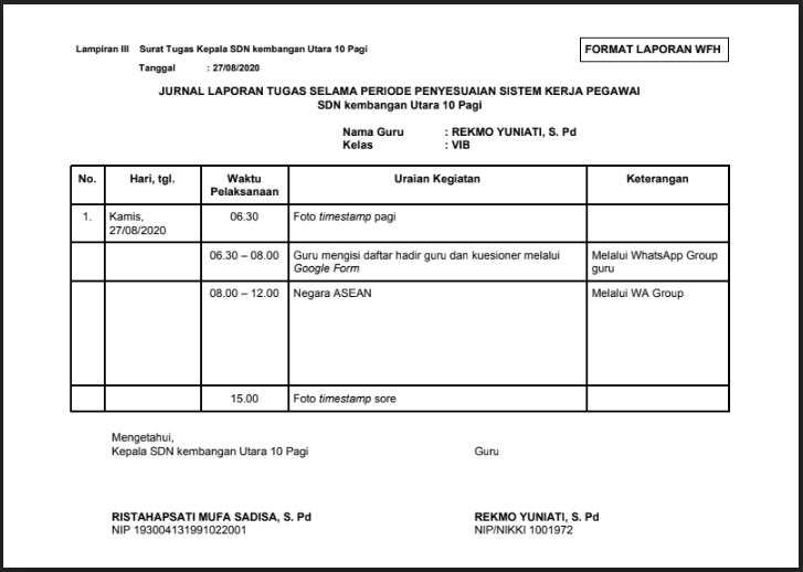 Catatan Ari Jurnal Laporan Harian Pelaksanaan Work From Home Untuk Guru