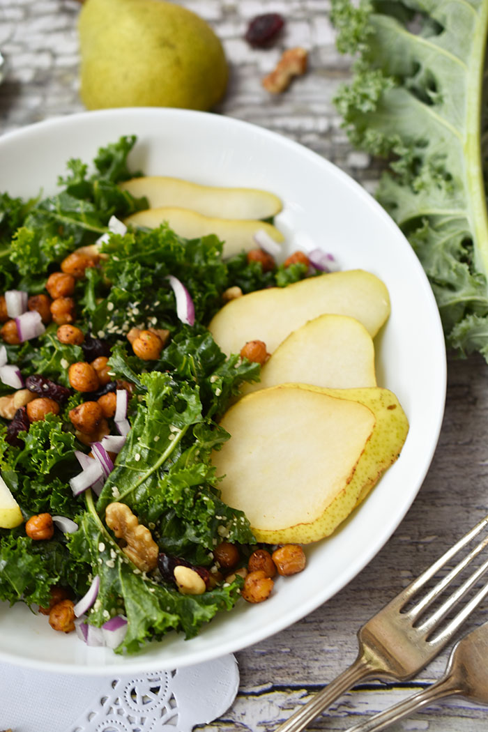 Woman in Real Life Kale Salad With Avocado Dressing and Fresh Pears (Recipe)