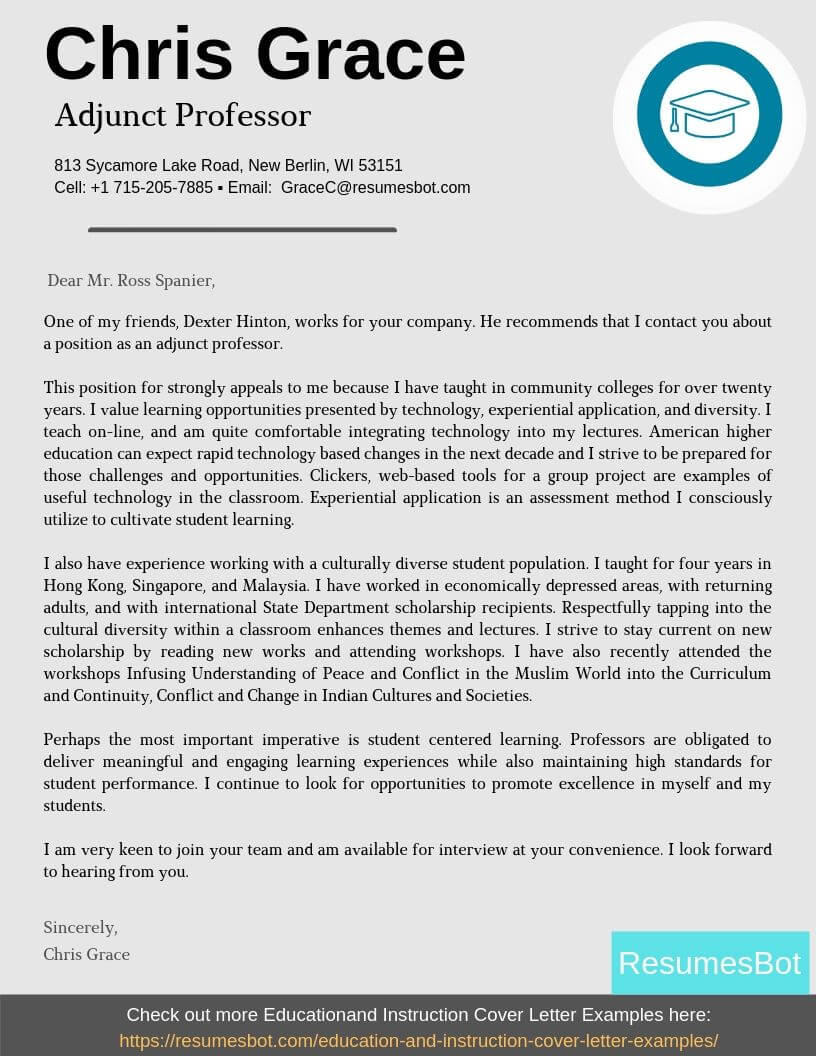 example cover letter for professor job