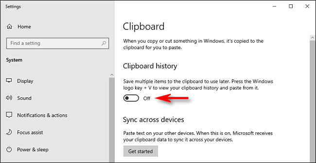 انقر فوق تبديل محفوظات الحافظة في إعدادات نظام Windows 10 لإيقاف تشغيله
