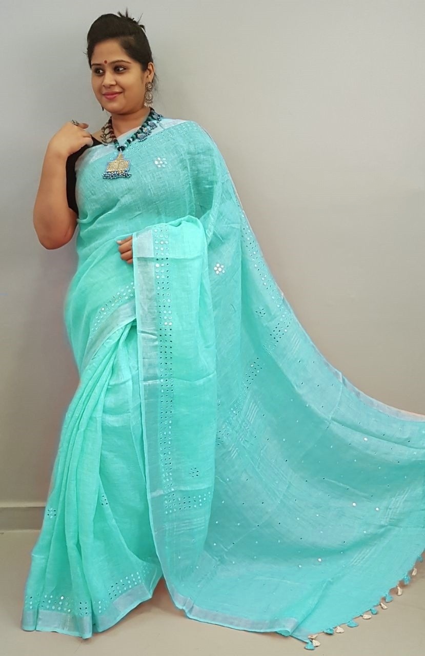 Handmade mirror work lenin sarees