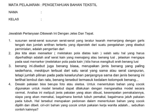 Soal Pat Kelas 10 Pengetahuan Bahan Tekstil Smk Tahun 2020