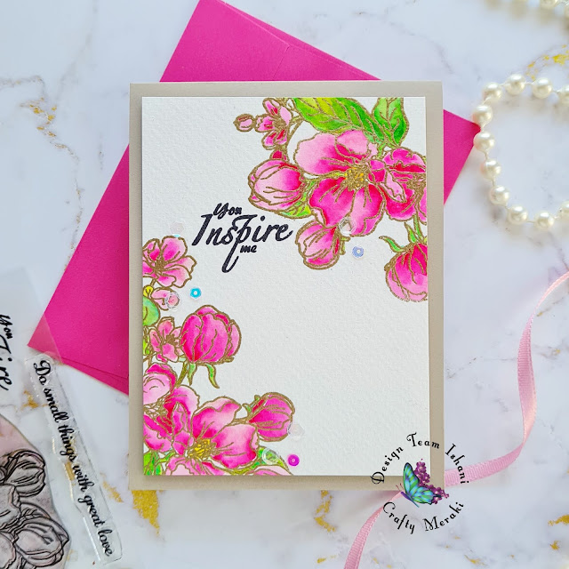 CAS floral card with cherry blossoms, pink flowers card, Crafty Meraki You inspire me, Crafty Meraki flower stamp, Watercolors with gold embossing, Quillish