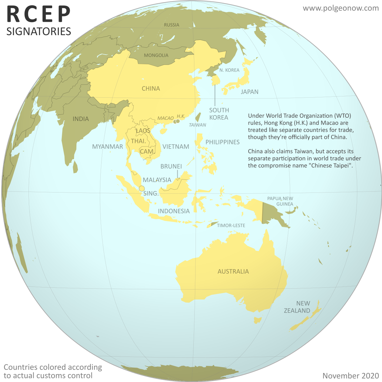 Globe-style map of which countries have signed the RCEP (Regional Comrehensive Economic Partnership) agreement (colorblind accessible).