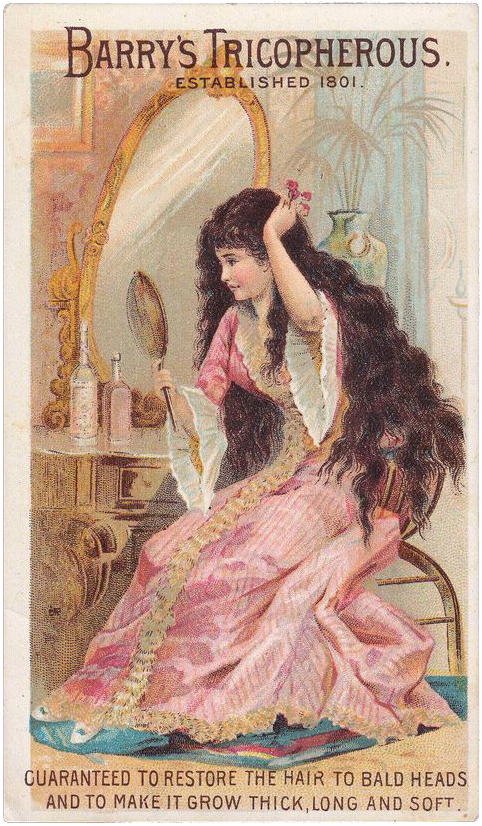 Kristin Holt | Barry's Tricopherous, established 1801: "Guarranteed to restore the hair to bald heads and to make it grow thick, long and soft." Advertisement Card from Victorian era. Image courtesy of Pinterest (see link)