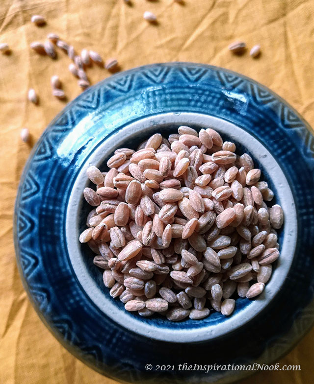 Pearl barley in blue bowl