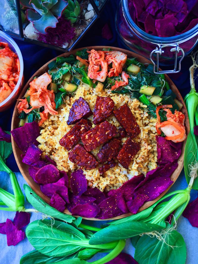 Curry Rice with Teriyaki Roasted Tempeh + Purple Chips + Kimchi Stir