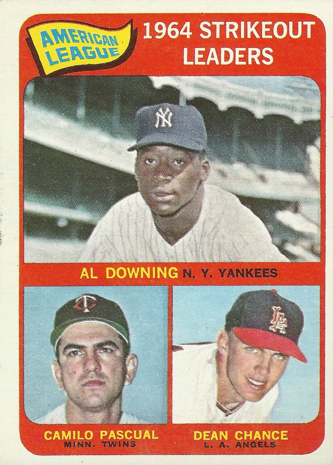 1965 Topps 11 A.L. Strikeout Leaders Downing, Pascual & Chance