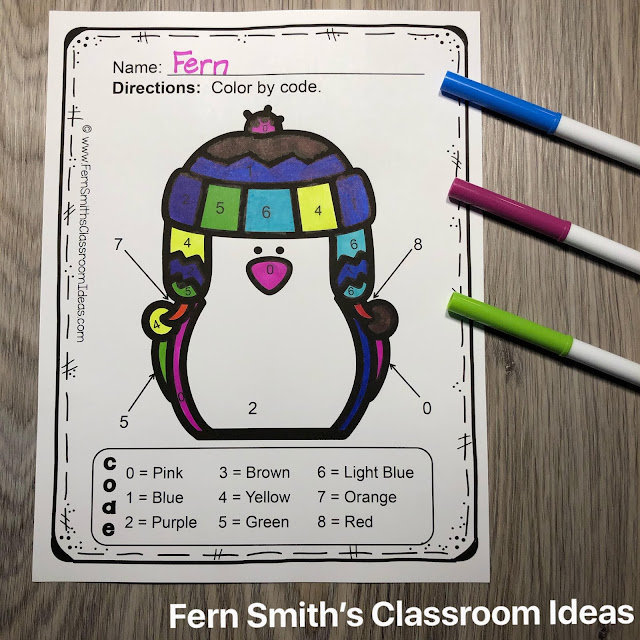 Winter Funky Penguins Color By Number Kindergarten Know Your Numbers Printables for Your Kindergarten Class #FernSmithsClassroomIdeas