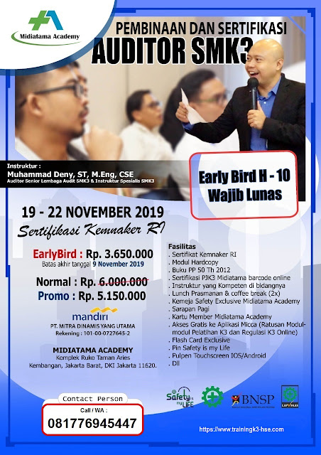 Auditor SMK3 kemnaker murah tgl.19-22 November 2019 di Jakarta