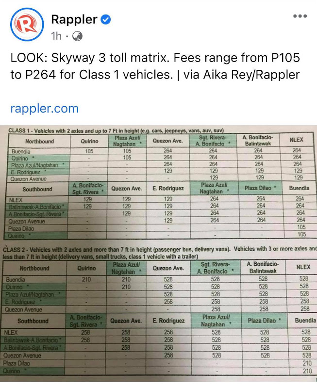 Toll Fee Rate Matrix Skyway Stage 3