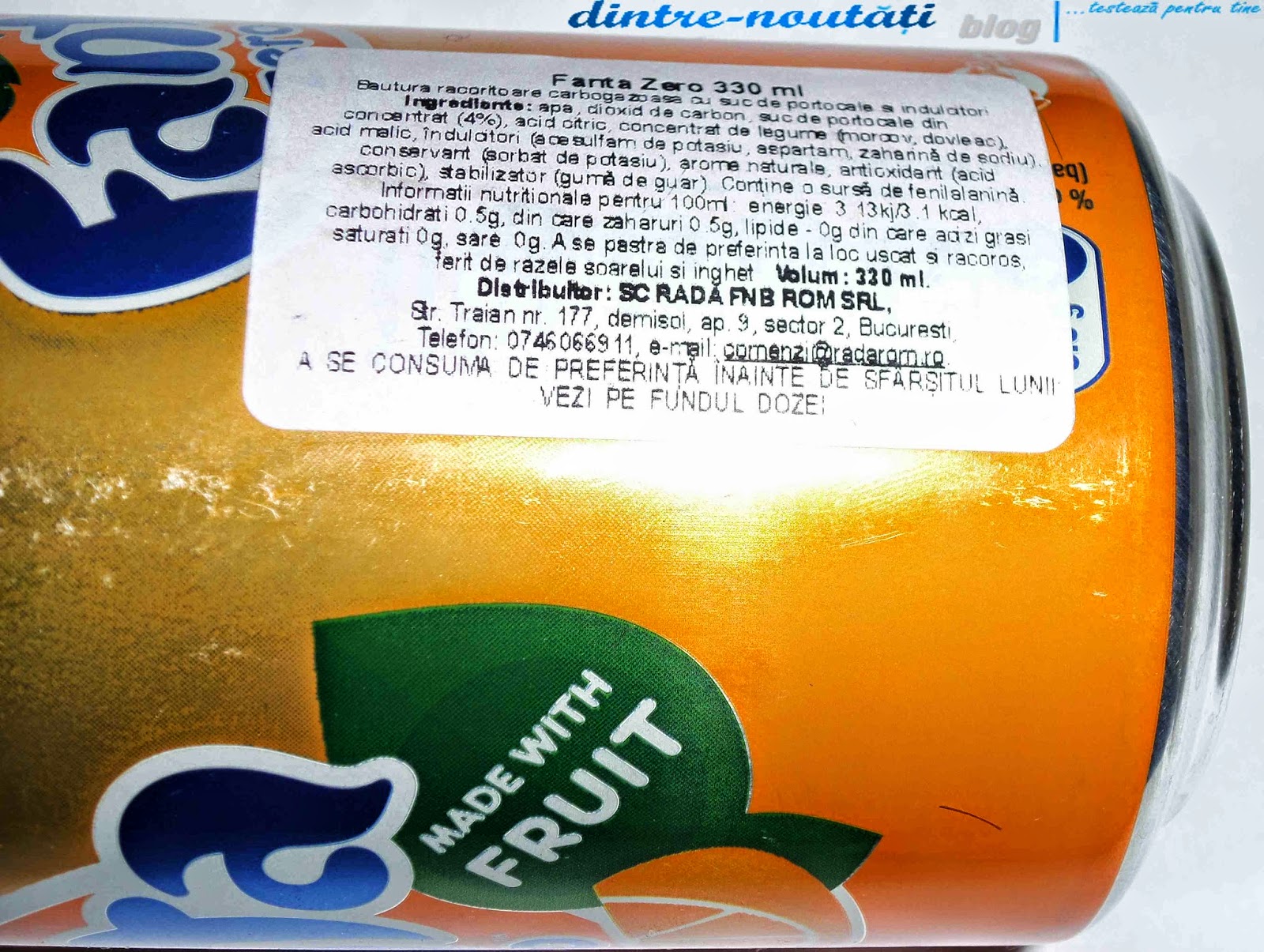 Băutură Fanta Zero 330 ml răcoritoare carbogazoasă cu suc de portocale și îndulcitori