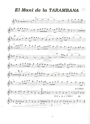 El Mani de la Tarambana Partitura en Clave de Sol de saxofón alto, tenor, soprano, barítono, clarinete, flauta, violín, oboe, cornos, trompeta... todo para clave de sol