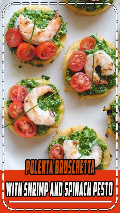 Polenta Bruschetta with Shrimp and Spinach Pesto is gourmet level snacking that's incredibly easy to make.