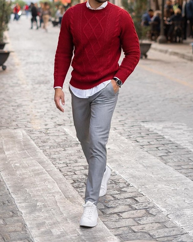 Men's Fashion Style Outfits Ideas Shirt and trousers with round neck sweaters.