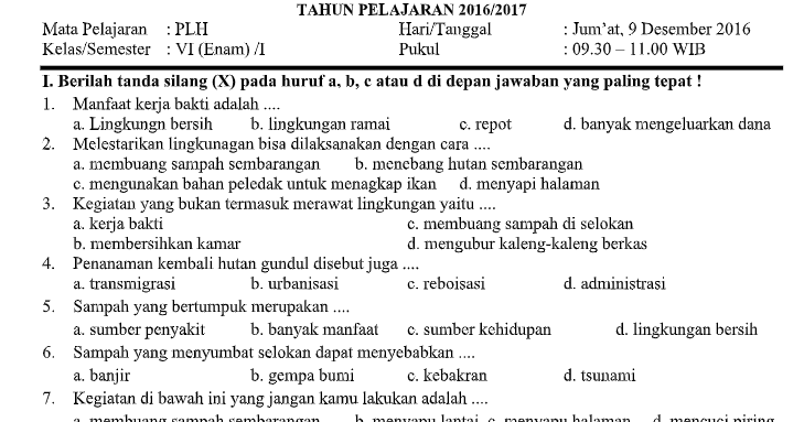 Soal PAS PLH Kls 6 SD Semester 1 K13 Tahun Pelajaran 2019 Soal PAS PLH Kls 6 SD Semester 1 K13 Tahun Pelajaran 2019
