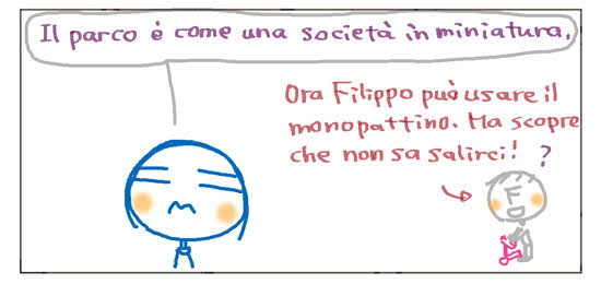 Il parco e' come una societa' in miniatura. Filippo puo' usare il monopattino. Ma scopre che non sa salirci!