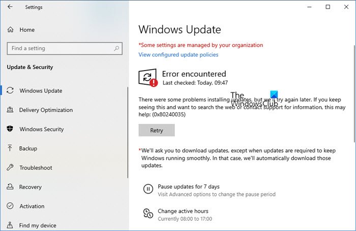 Correggi l'errore di aggiornamento di Windows 0x80240035
