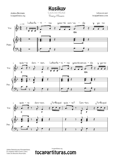 Hoja 1  Kusikuy Partitura de Voz/Piano y acompañamiento fácil de Piano Easy sheet music for Piano teachers and class of music accompaniment