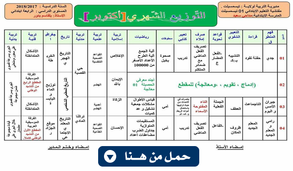 التوزيع الشهري لشهر اكتوبر للسنة الرابعة ابتدائي الجيل الثاني