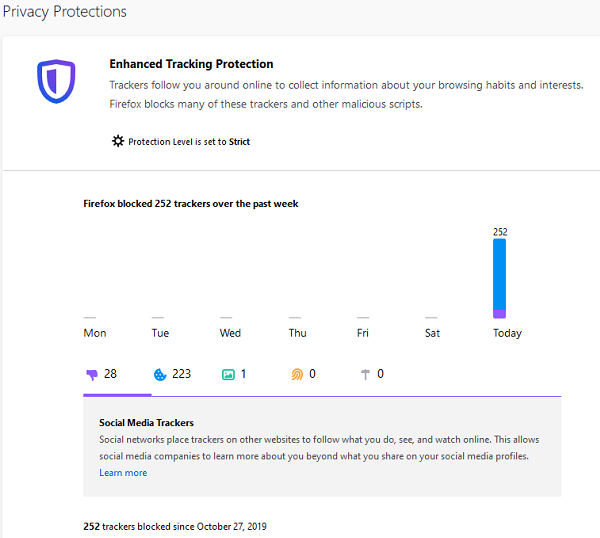 ตั้งค่าการติดตามที่ปรับปรุง การแจ้งเตือนการละเมิดการป้องกัน ล็อกใน Firefox