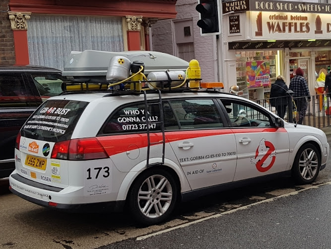 The 'Ecto-1' Gib or Bust rally car raising money for Saint Catherine's Hospice in Scarborough
