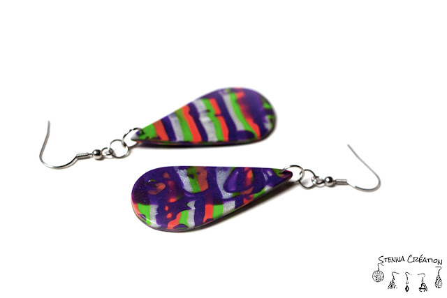 Boucles d'oreilles pâte polymère rayures violet vert corail argent Cernit Fimo Stenna Création