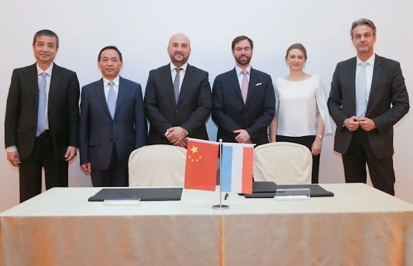 Hereditary Grand Duke Guillaume and Hereditary Grand Duchess Stephanie of Luxembourg visit China, Beijing, Hong Kong, Shanghai. Style of Princess Stephanie