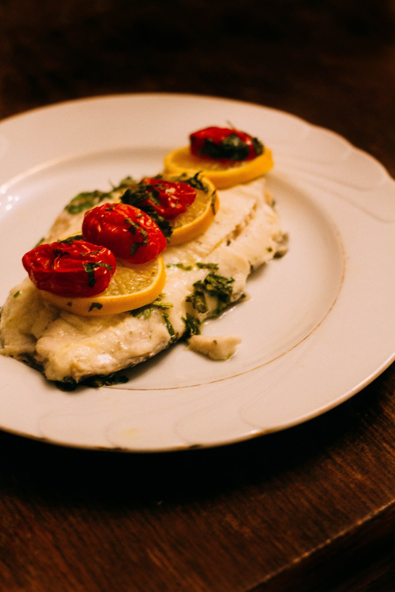 Mediterranean Diet Recipe Halibut with Roasted Tomatoes and Balsamic
