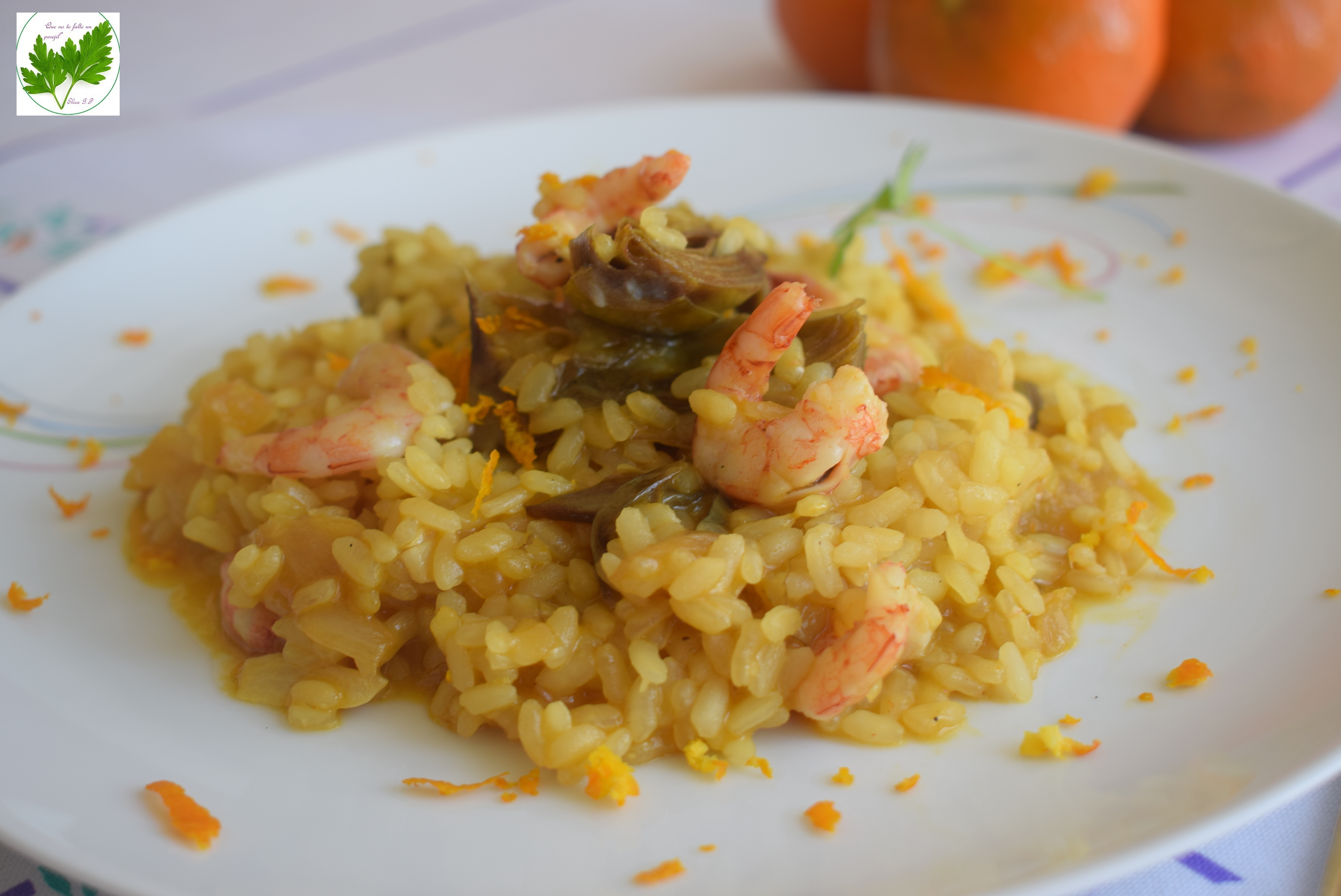 Arroz a la Naranja con Alcachofas y Gambas