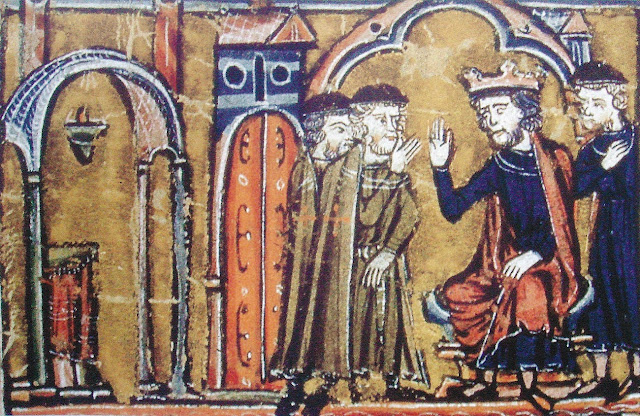 Рыцари Гуго де Пейн и Годфруа де Сент-Омер явились ко двору короля Иерусалима Балдуина II. Иллюстрация: Guillaume de Tyr, XIII век