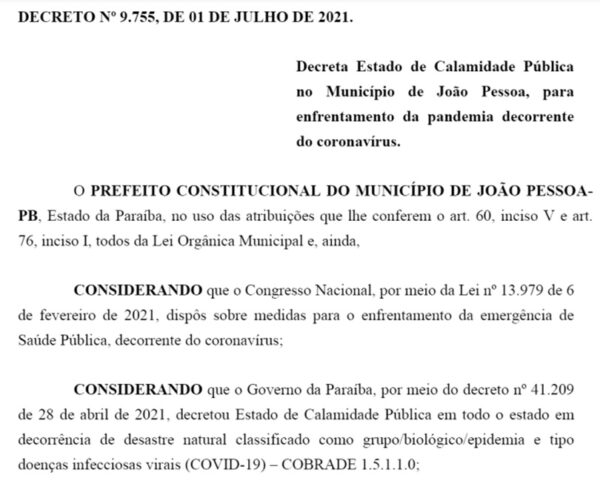 Cícero Lucena decreta estado de calamidade pública em João Pessoa decorrência da Covid-19 Cícero Lucena decreta estado de calamidade pública em João Pessoa decorrência da Covid-19
