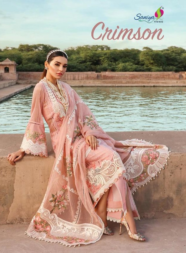 Saniya Trendz Crimson 21 schiffli work pakistani suits