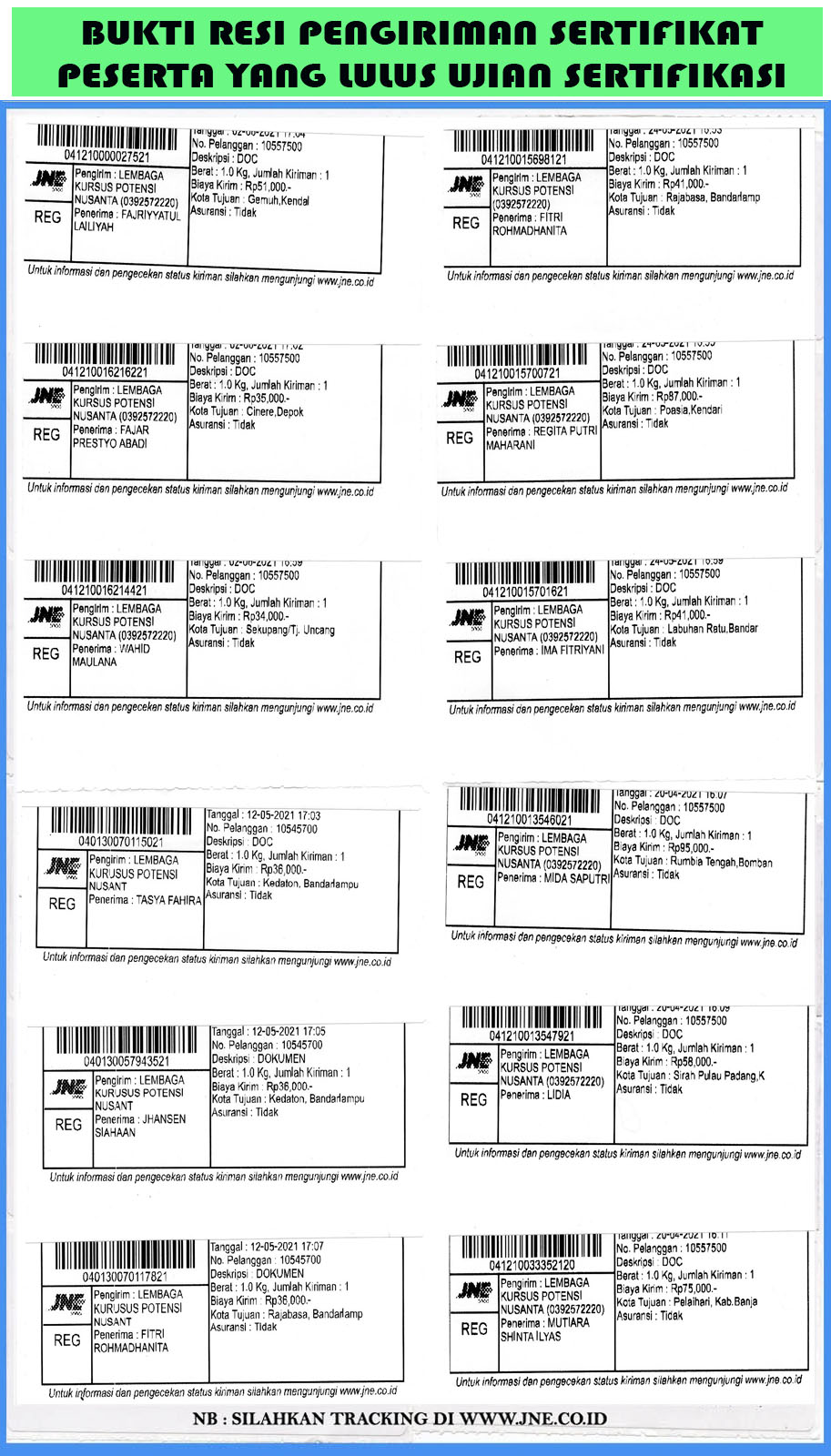 Bukti Resi Pengiriman Sertifikat Peserta yang Lulus Ujian