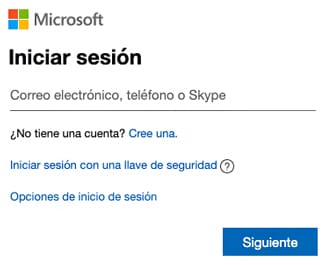 Formulario de ingreso a Hotmail Outlook