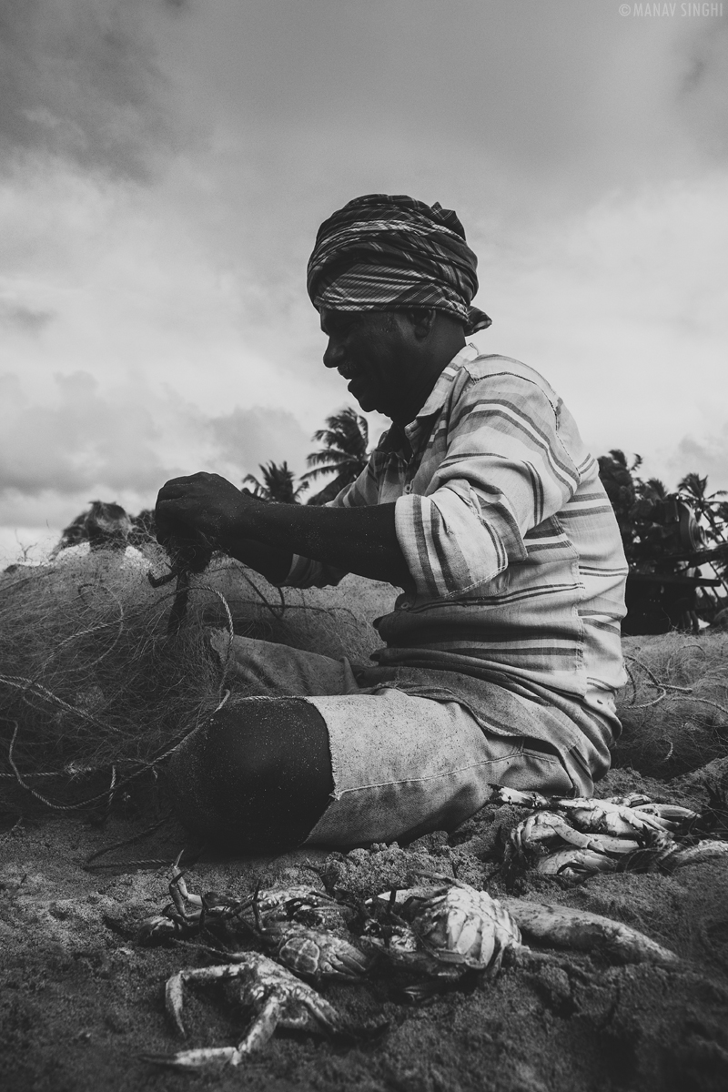 Fisherman taking out crabs from net at Fisherman Area near Le Pondy Beach Resort, Pondicherry - 29-Oct-2019