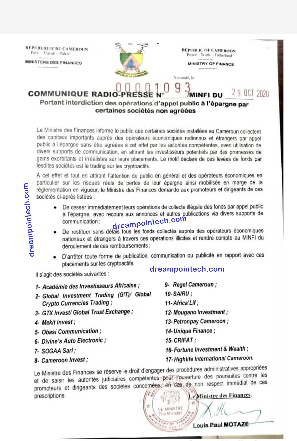 Communique de presse: Cameroun Interdit Sairui Chymall et d'Autres Arnaques Ponzi