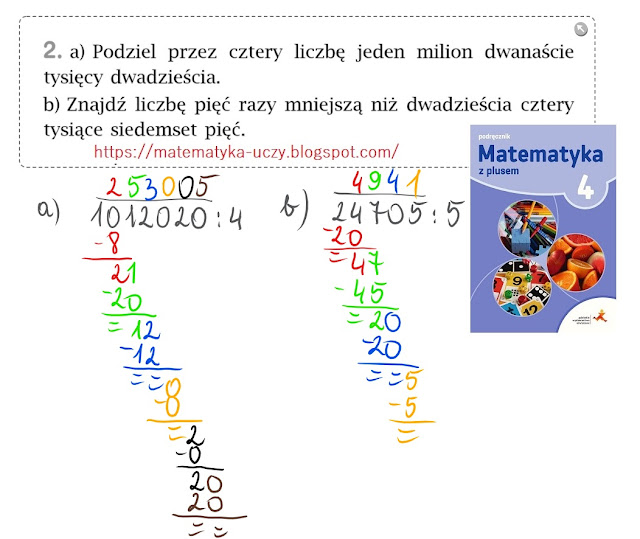 Zad. 1 i 2 str. 106 "Matematyka z plusem 4" Dzielenie pisemne przez liczby jednocyfrowe