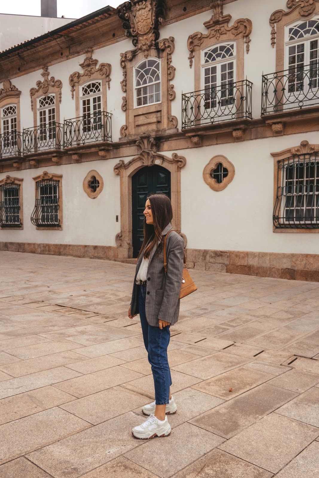 outfit with check blazer mom jeans chunky sneakers