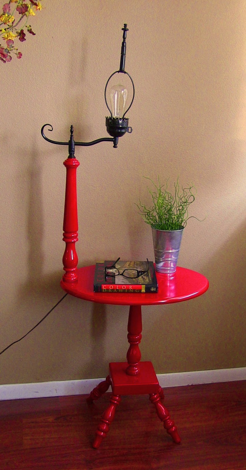 Apple Red and Black Vintage side table with Lamp attached Tweaked Designs