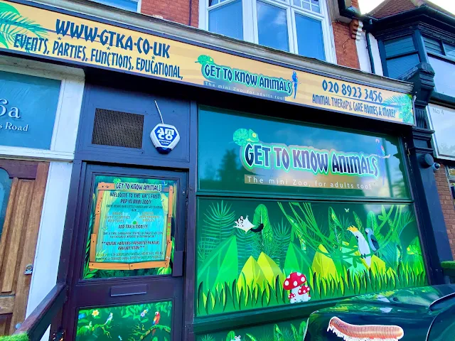 The outside of Get To Know Animals is a converted shop front with jungle themed stickers